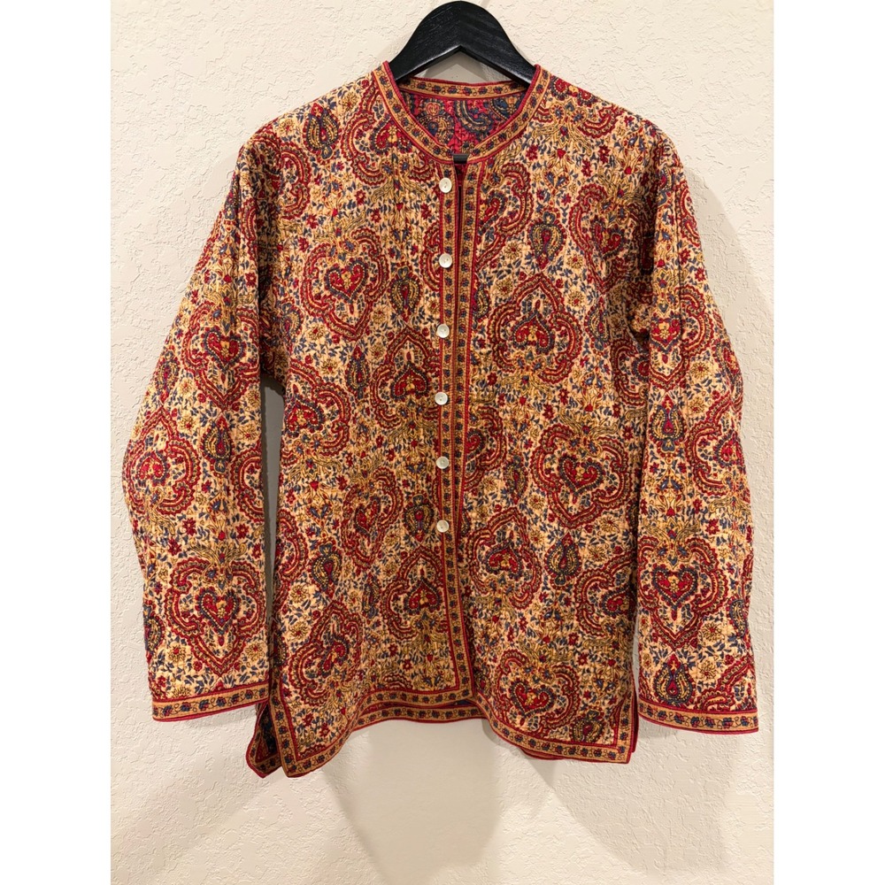 Reversible Quilted Block Print Paisley Jacket Red Blue Cream Boho Cotton Coat